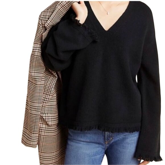 Anthropologie Joy Fringed V-Neck Sweater Black Size S - Picture 2 of 7